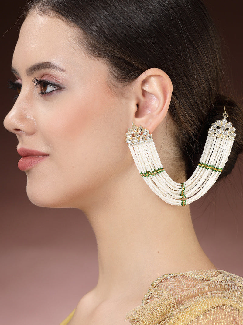 Rhodium Plated with White Pearls Studded Long Chain Attachment for Earrings