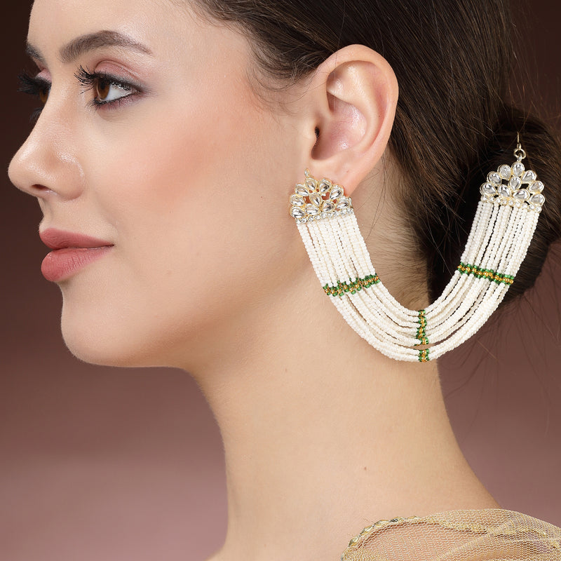 Rhodium Plated with White Pearls Studded Long Chain Attachment for Earrings