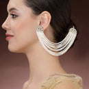 Rhodium Plated with White Pearls Studded Long Chain Attachment for Earrings