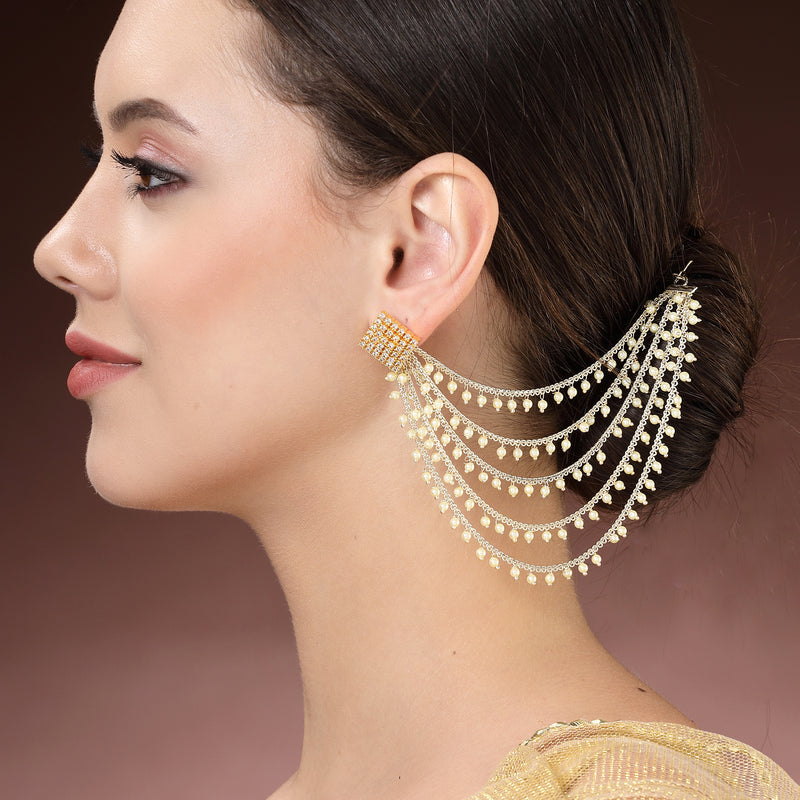 Gold Plated with White Pearls Studded Long Chain Attachment for Earrings