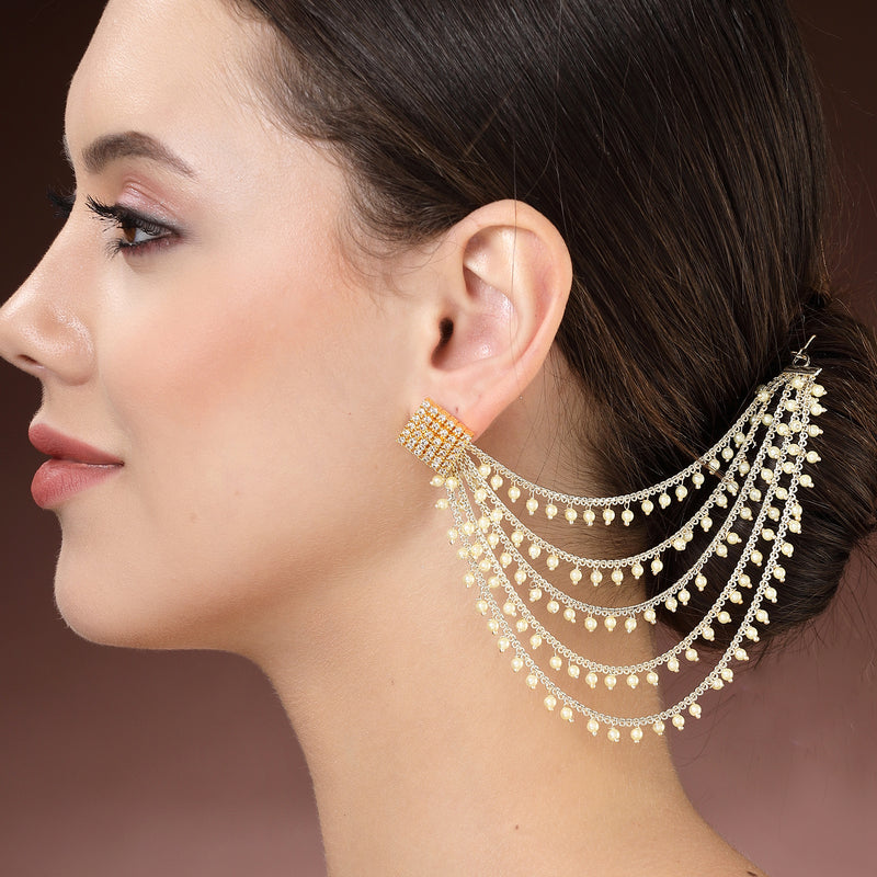 Gold Plated with White Pearls Studded Long Chain Attachment for Earrings