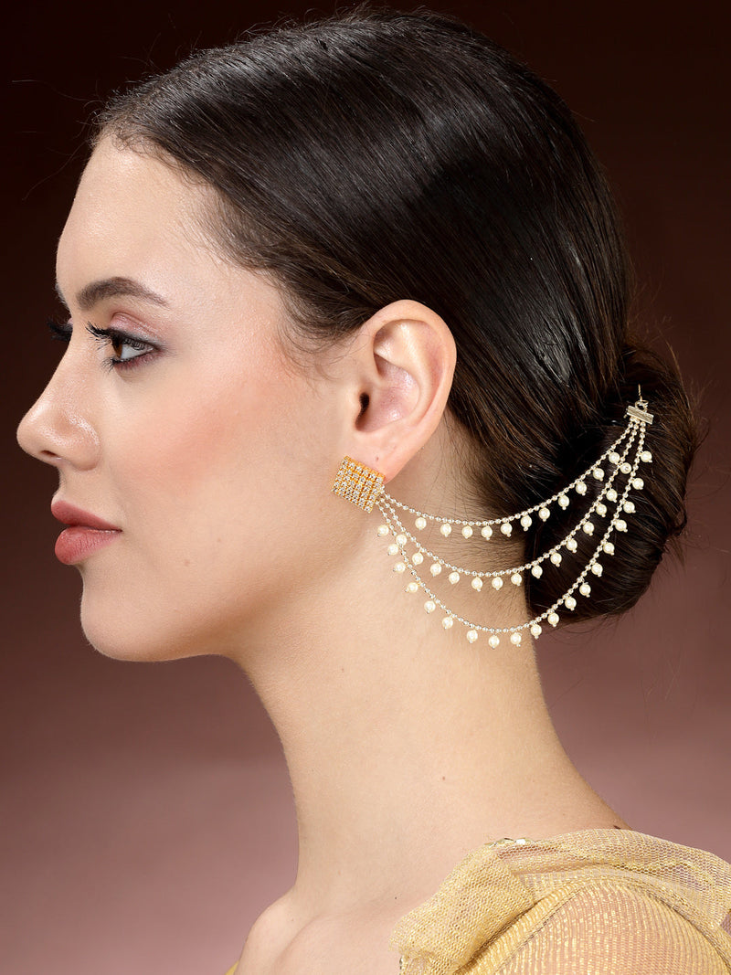 Gold Plated with White Pearls Studded Long Chain Attachment for Earrings