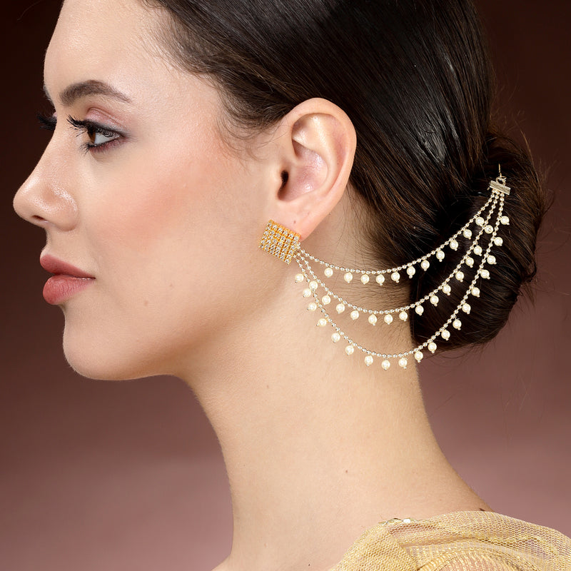 Gold Plated with White Pearls Studded Long Chain Attachment for Earrings