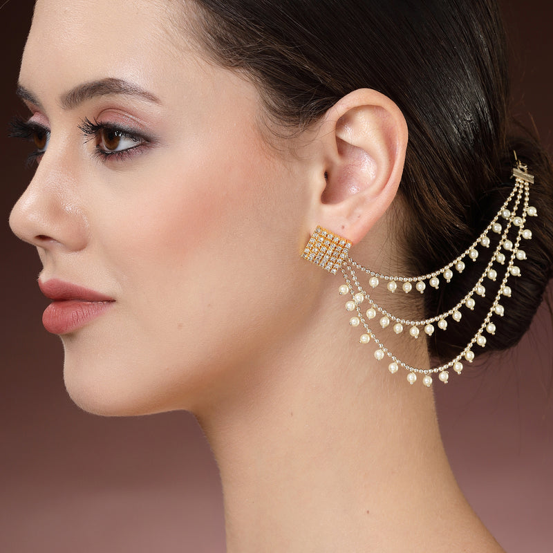 Gold Plated with White Pearls Studded Long Chain Attachment for Earrings