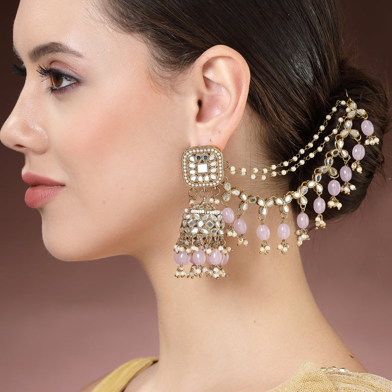 Gold Plated Bahubali Pearl & Kundan Maang Tikka With Earrings