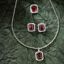 Rhodium Plated Silver Toned Square Shaped Ruby Red American Diamond Studded Pendant Combo With Ring