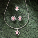 Rhodium Plated Silver Toned Pink American Diamond Studded Pendant Combo With Ring