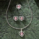 Rhodium Plated Silver Toned Heart Shaped Pink American Diamond Studded Pendant Combo With Ring