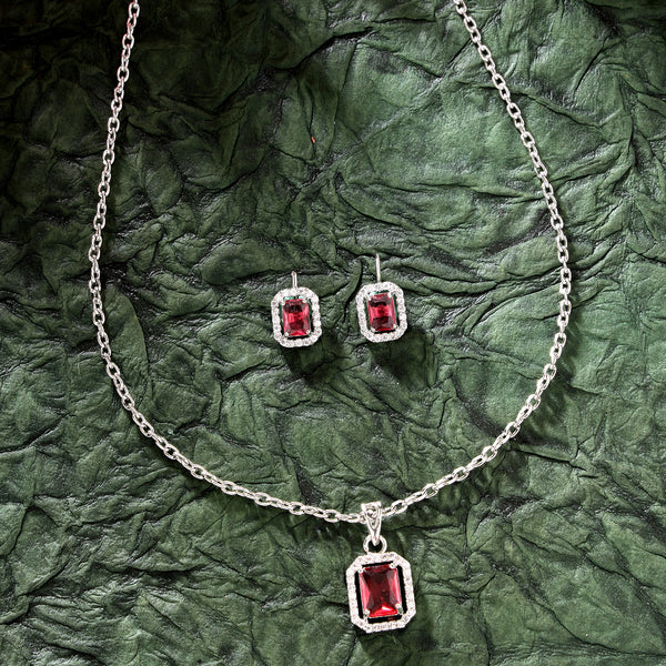 Rhodium Plated Silver Toned Square Shaped Ruby Red American Diamond Studded Pendant Set