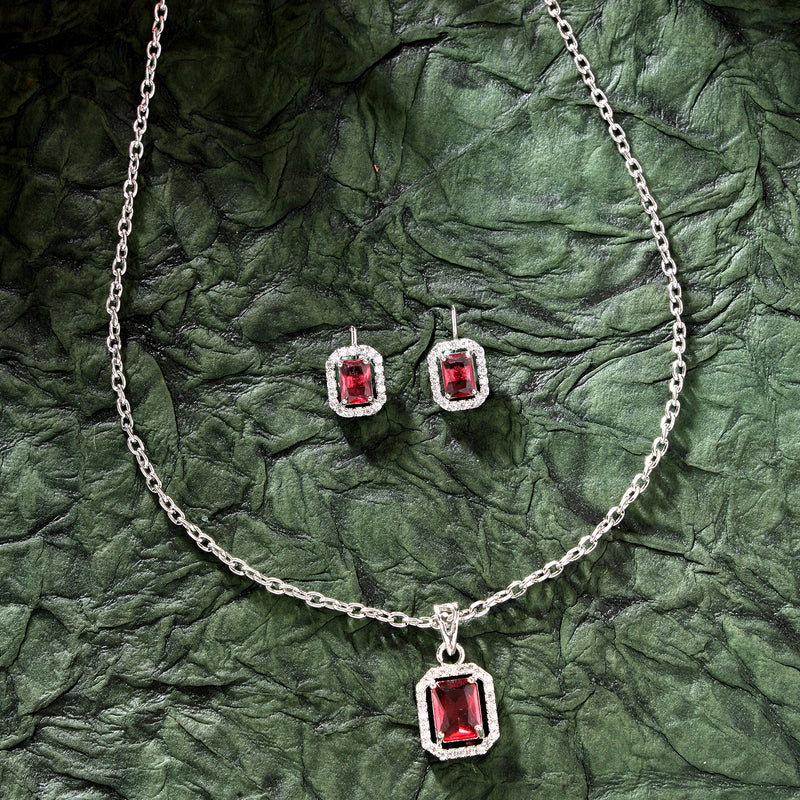 Rhodium Plated Silver Toned Square Shaped Ruby Red American Diamond Studded Pendant Set