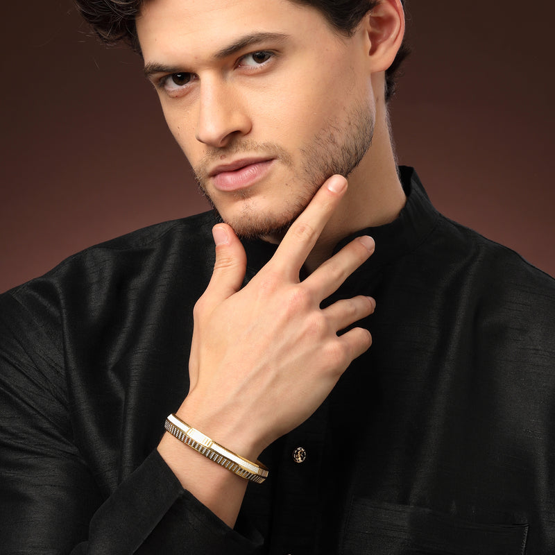 Gold Plated Dual Toned Engraved Texture Kada For Men