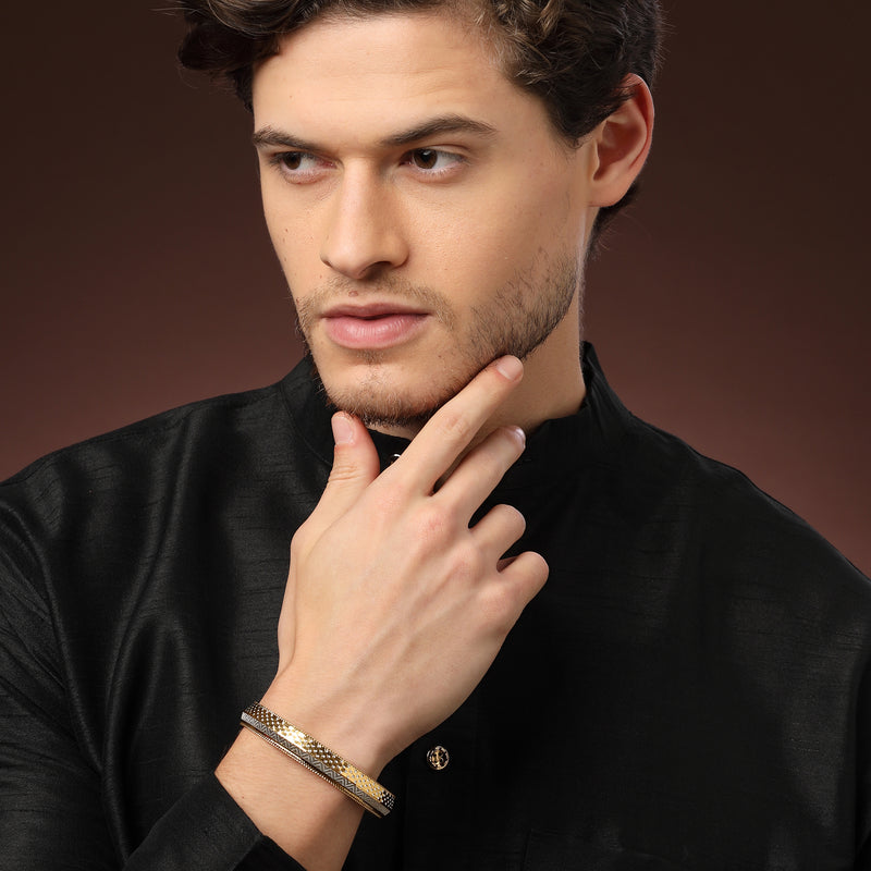 Gold Plated Dual Toned Engraved Texture Kada For Men