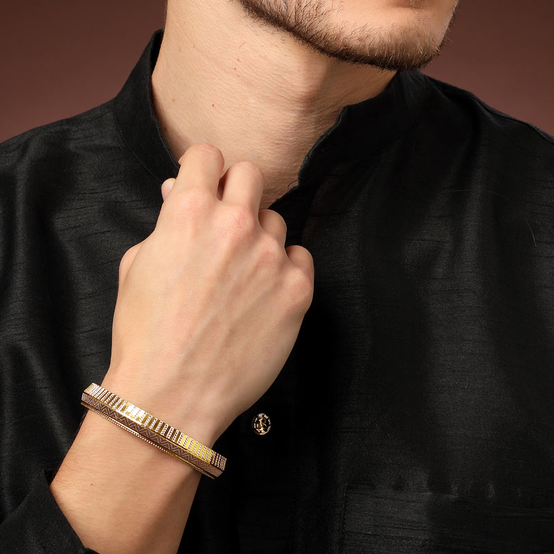 Gold Plated Dual Toned Engraved Texture Kada For Men