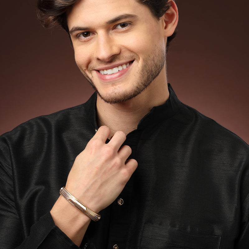 Gold Plated Dual Toned Engraved Texture Kada For Men