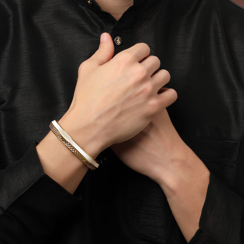 Gold Plated Dual Toned Engraved Texture Kada For Men