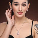 Rhodium Plated Brass American Diamond Leaf Halo Teardrop Pendant Set for Women & Girls