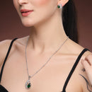 Rhodium Plated Brass American Diamond Leaf Halo Teardrop Pendant Set for Women