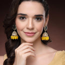 Traditional Gold Plated kundan Studded Yellow Glass Beaded Royal Jhumkas Earrings