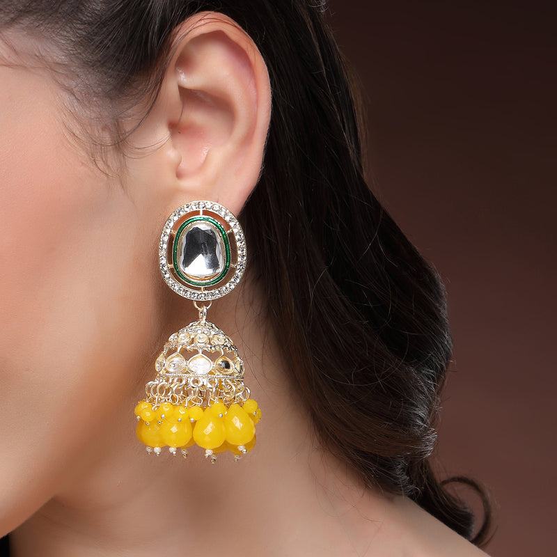 Traditional Gold Plated kundan Studded Yellow Glass Beaded Royal Jhumkas Earrings