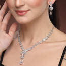 Premium Silver Plated Statement with American Diamond Teardrop & Floral Design Rhodium Jewelry Necklace Set