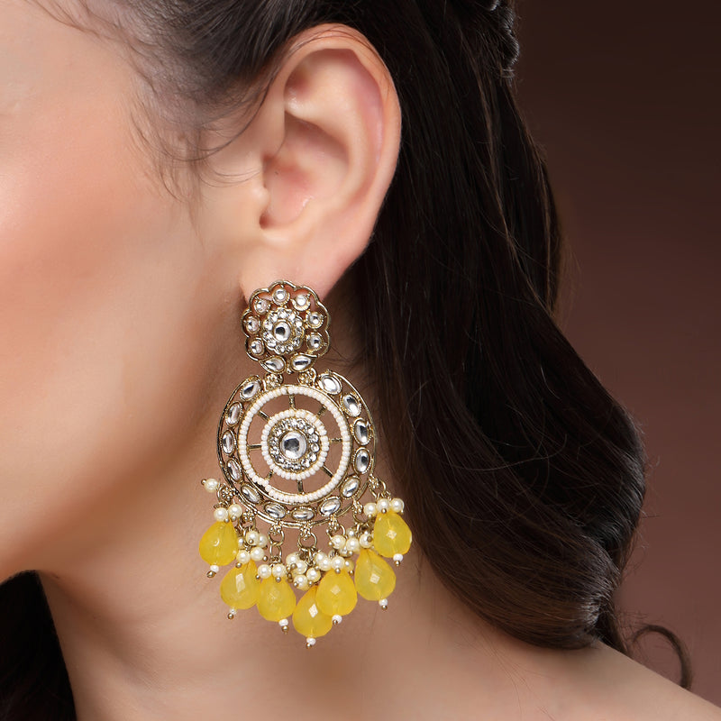 Traditional Gold Plated kundan Studded Yellow & White Pearl Beaded Royal Jhumkas Earrings