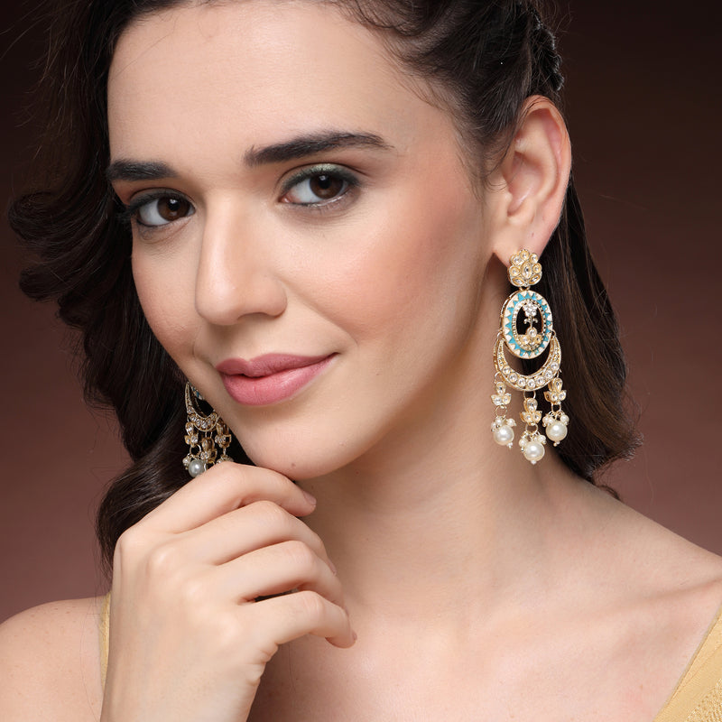 Traditional Gold Plated kundan Studded Pearl Beaded White & Blue Meenakari Chandbali Earrings