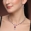 Silver Plated Brass AD Teardrop Halo Necklace & Earrings Rhodium Finish Jewellery Set