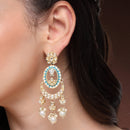 Traditional Gold Plated kundan Studded Pearl Beaded White & Blue Meenakari Chandbali Earrings