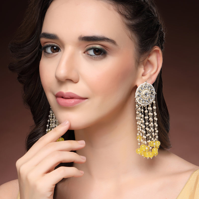 Traditional Gold Plated Yellow & White kundan Studded Pearl Beaded Dangler Earrings