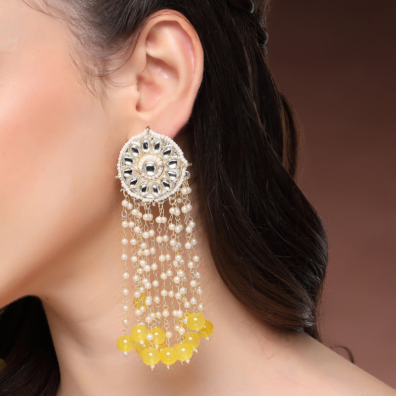 Traditional Gold Plated Yellow & White kundan Studded Pearl Beaded Dangler Earrings