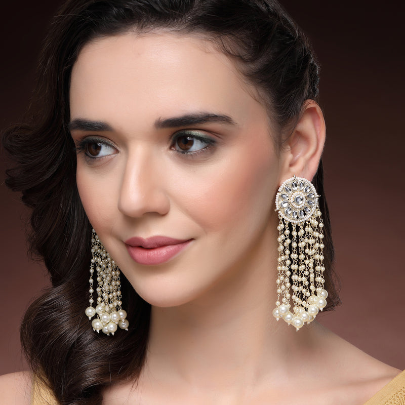 Traditional Gold Plated White kundan Studded Pearl Beaded Dangler Earrings