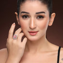 Silver-toned Ruby Magenta Cut Crystal Statement Ring for Women