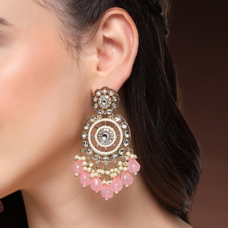 Traditional Gold Plated kundan Studded Pink & White Pearl Beaded Royal Jhumkas Earrings