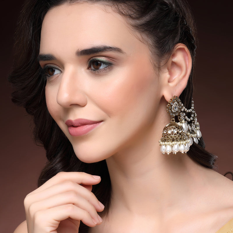 Traditional Gold Plated White Kundan Pearl Beaded Jhumkas With Multi Layered Ear Chain