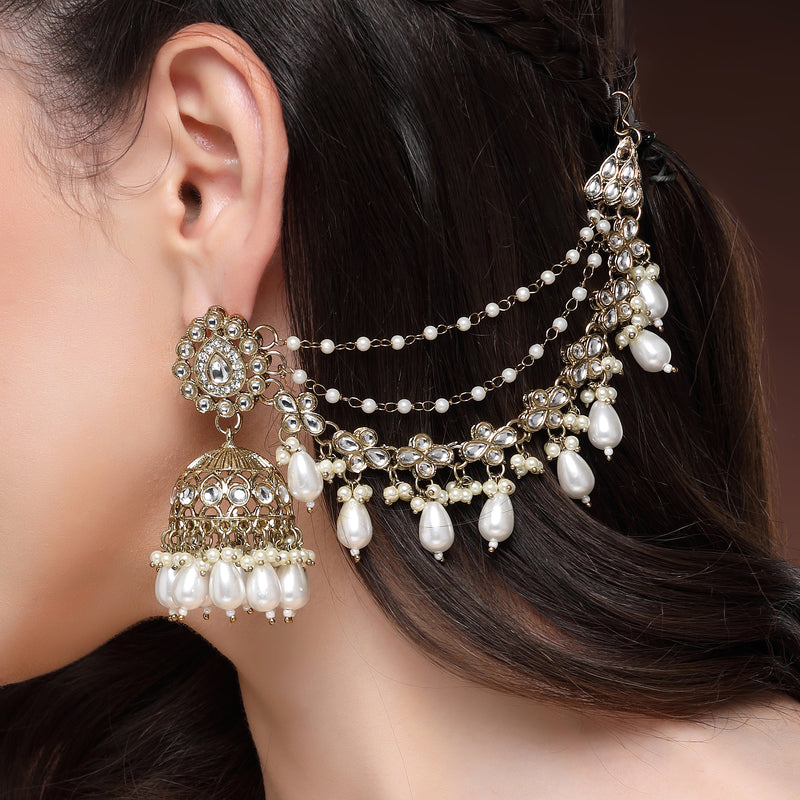 Traditional Gold Plated White Kundan Pearl Beaded Jhumkas With Multi Layered Ear Chain