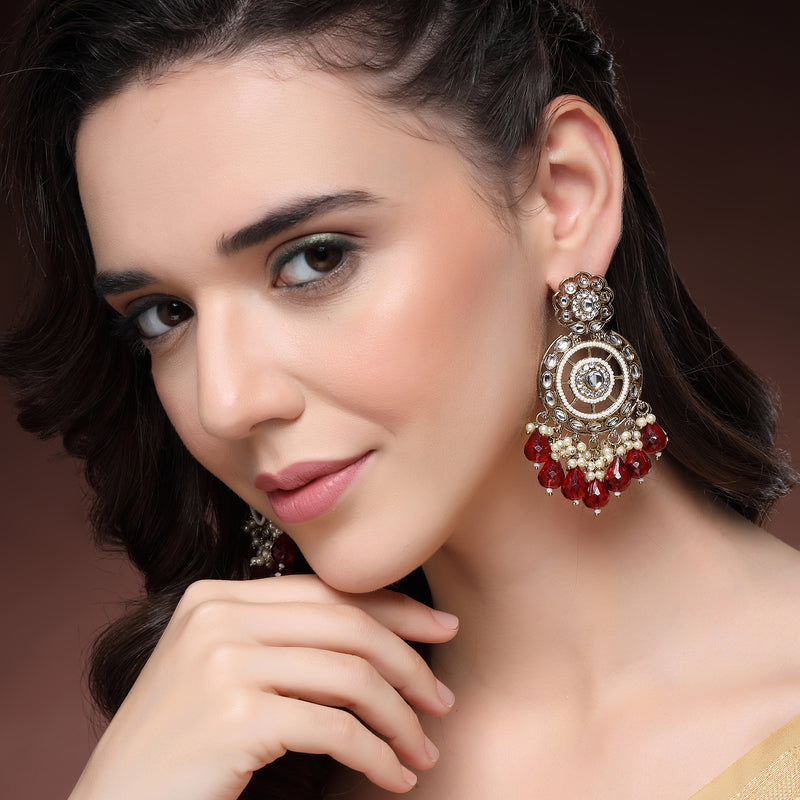 Traditional Gold Plated kundan Studded Red & White Pearl Beaded Royal Jhumkas Earrings