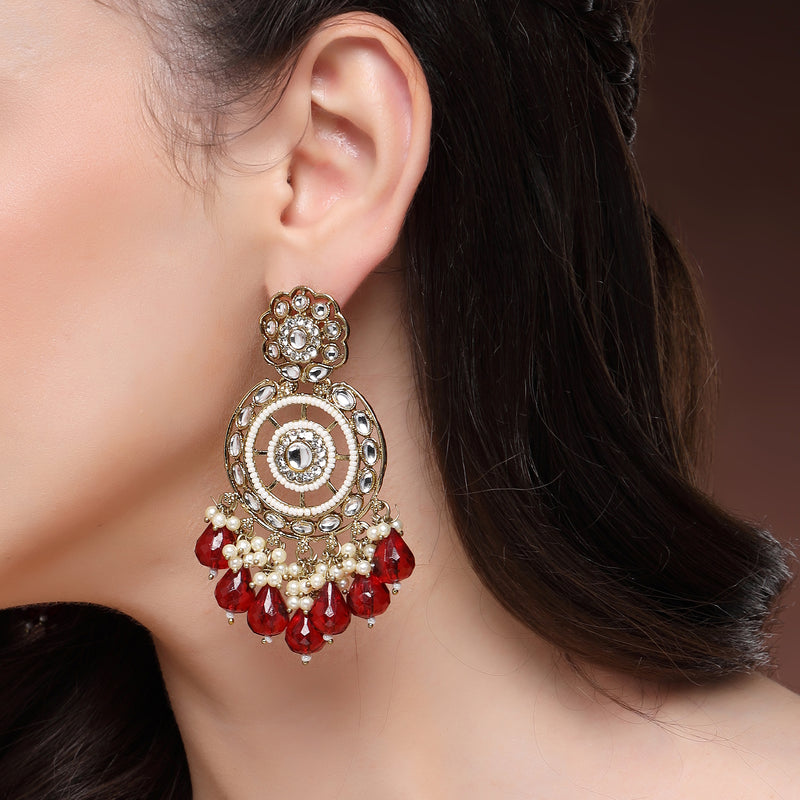 Traditional Gold Plated kundan Studded Red & White Pearl Beaded Royal Jhumkas Earrings