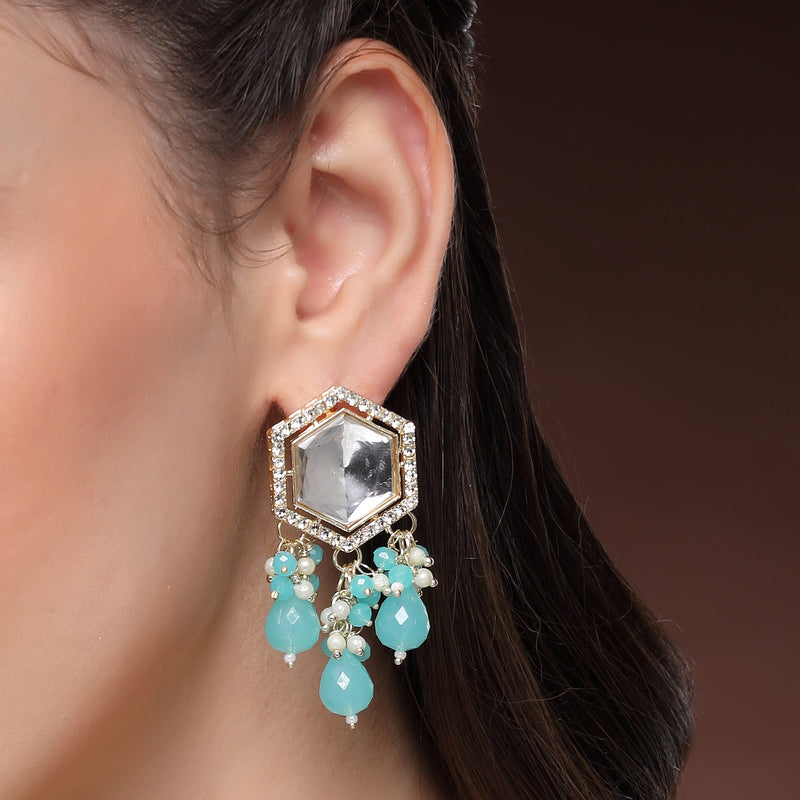 Traditional Gold Plated kundan Studded Blue Glass Beaded Earrings