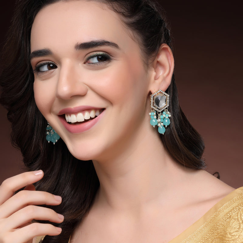 Traditional Gold Plated kundan Studded Blue Glass Beaded Earrings