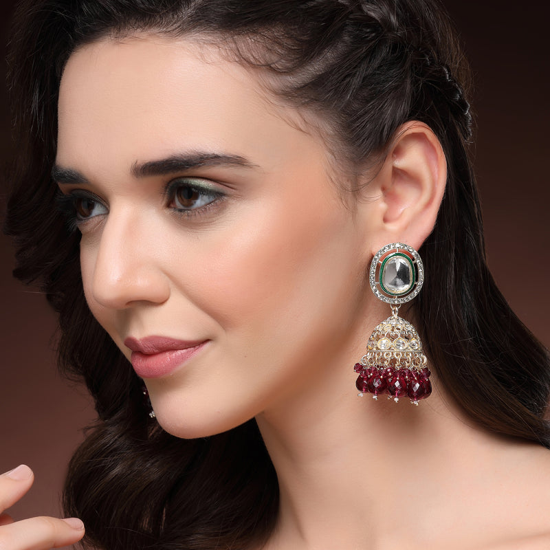 Traditional Gold Plated kundan Studded Glass Beaded Royal Jhumkas Earrings