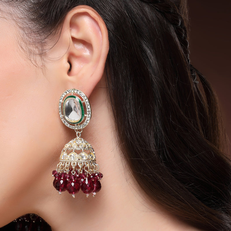 Traditional Gold Plated kundan Studded Glass Beaded Royal Jhumkas Earrings