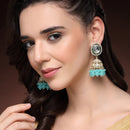 Traditional Gold Plated kundan Studded  Blue Glass Beaded Royal Jhumkas Earrings