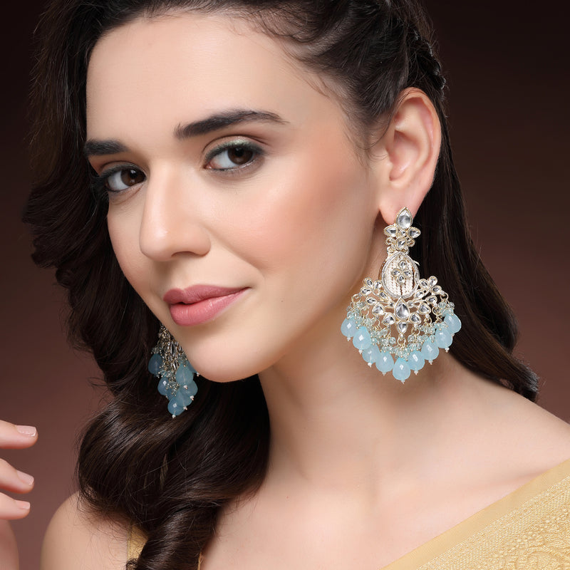 Traditional Gold Plated kundan Studded Blue & White Pearl Beaded Royal Jhumkas