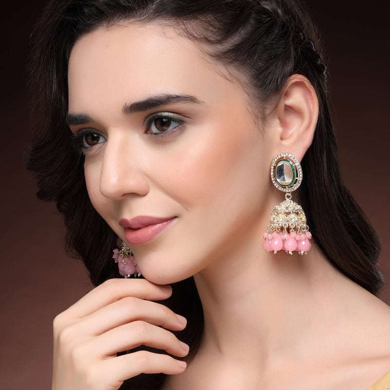 Traditional Gold Plated kundan Studded Pink Glass Beaded Royal Jhumkas Earrings