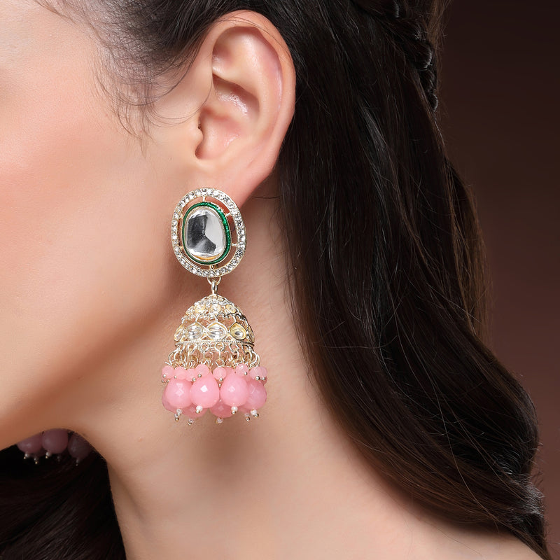 Traditional Gold Plated kundan Studded Pink Glass Beaded Royal Jhumkas Earrings