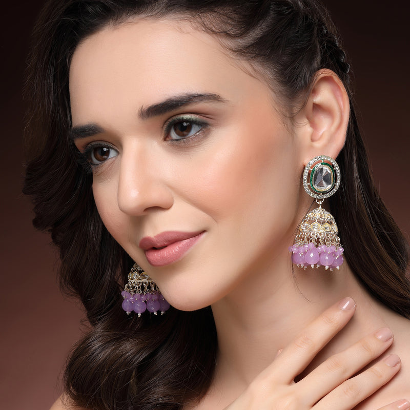 Traditional Gold Plated kundan Studded Lavender Glass Beaded Royal Jhumkas