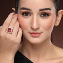 Silver-toned Ruby Magenta Cut Crystal Statement Ring for Women