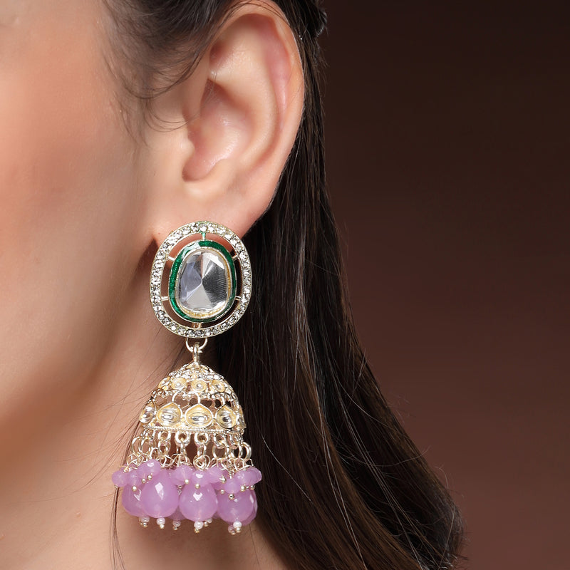 Traditional Gold Plated kundan Studded Lavender Glass Beaded Royal Jhumkas