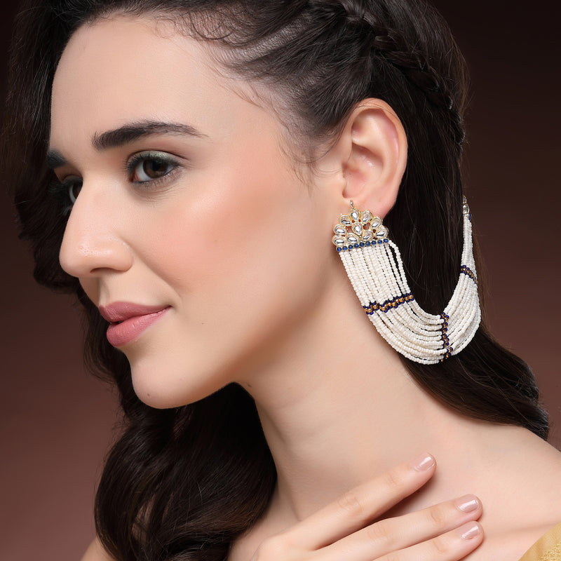 Traditional Gold Plated Blue & White Kundan And Pearl Beaded Multi Layered Ear Chain Earrings