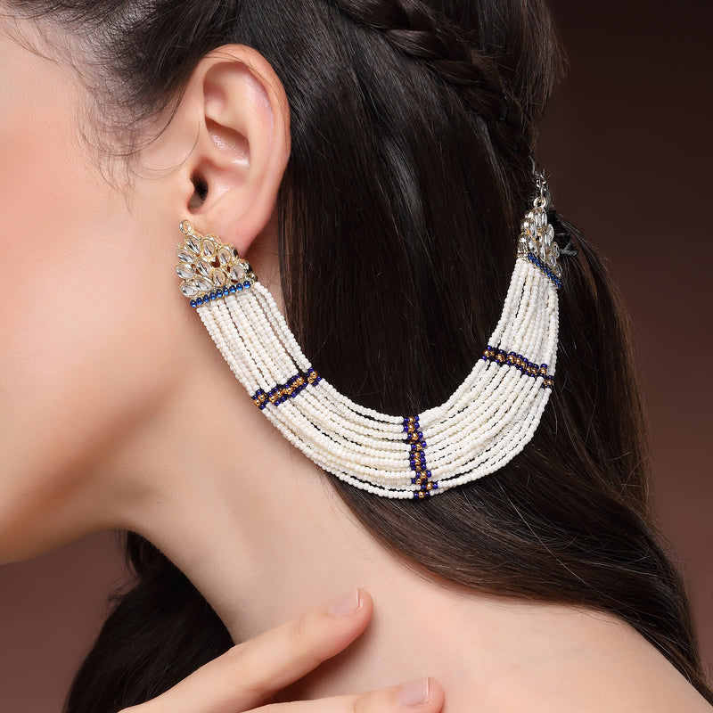 Traditional Gold Plated Blue & White Kundan And Pearl Beaded Multi Layered Ear Chain Earrings
